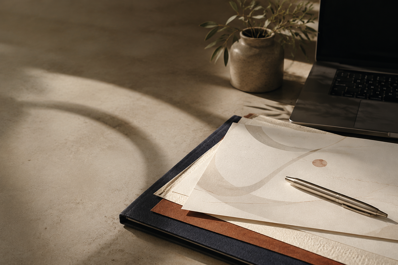 A refined desk with financial papers and a laptop
